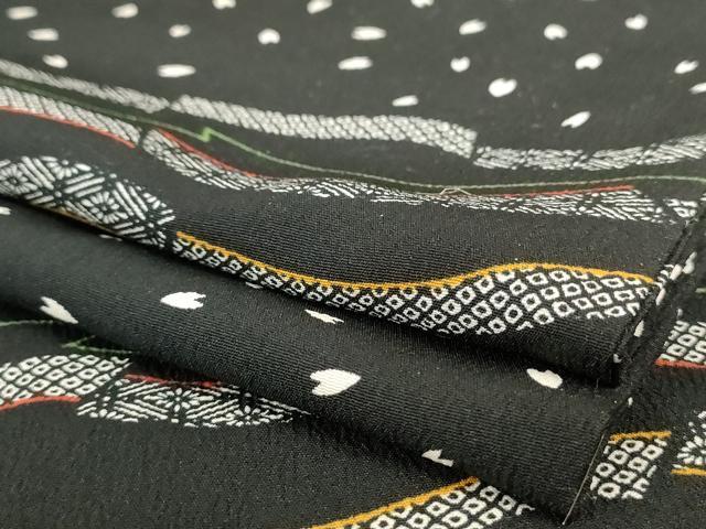 平和屋着物▽小紋　単衣　舞桜文　黒地　洗える着物　AAAS3064iu