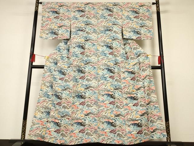 平和屋着物▽上質な小紋　単衣　型染め　立波文　正絹　逸品　未使用　AAAS3091iu