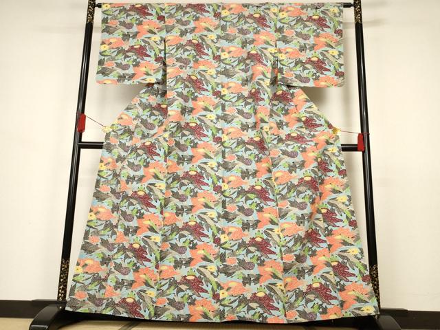 平和屋着物▽上質な小紋　単衣　紬地　型染め　草花文　正絹　逸品　未使用　AAAS3096iu