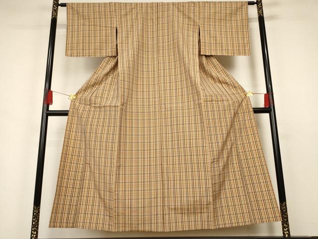 平和屋着物▽上質な紬 単衣 格子 正絹 逸品 AAAZ9508fy