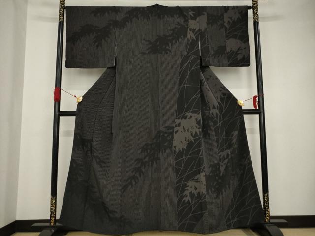 平和屋着物●訪問着　笹竹シルエット　黒地　正絹　逸品　AAAS6685ck