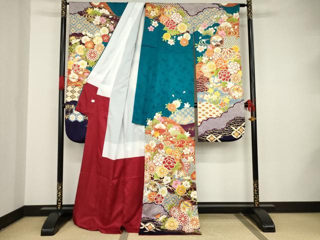 豪華振袖完全フルセット‼️正絹人気Blue花々金糸刺繍金彩煌びやか際立つ‼️銘品 豪華振袖完全フルセット‼️正絹人気Blue花々金糸刺繍金彩煌