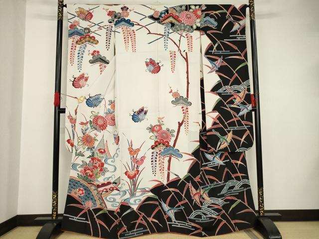 平和屋着物●豪華振袖　紅型　流水風景花鳥文　正絹　逸品　AAAS6720ck