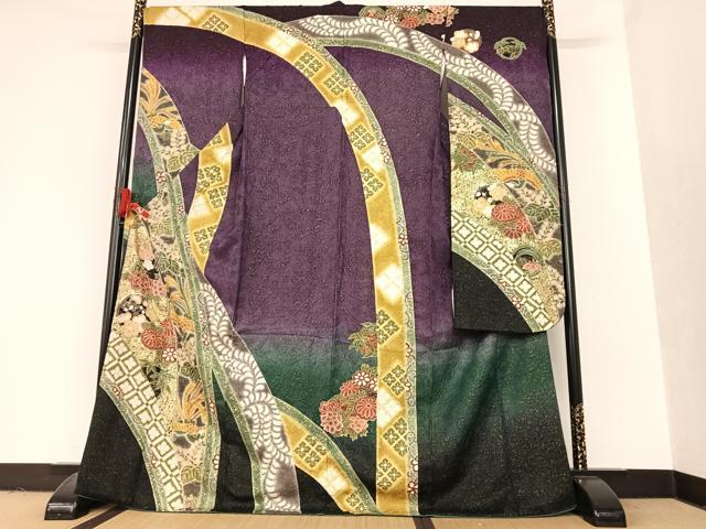 平和屋着物●豪華振袖　襲絞り　鳳凰花文　金通し地　金彩　正絹　逸品　AAAT0214zg