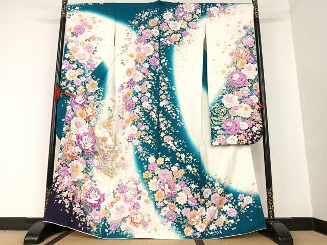 平和屋2■極上　振袖　雪輪花文　金彩　銀通し地　逸品　eee5747 平和屋着物□極上 訪問着 駒刺繍 絞り 雪輪枝花文 金彩 逸品