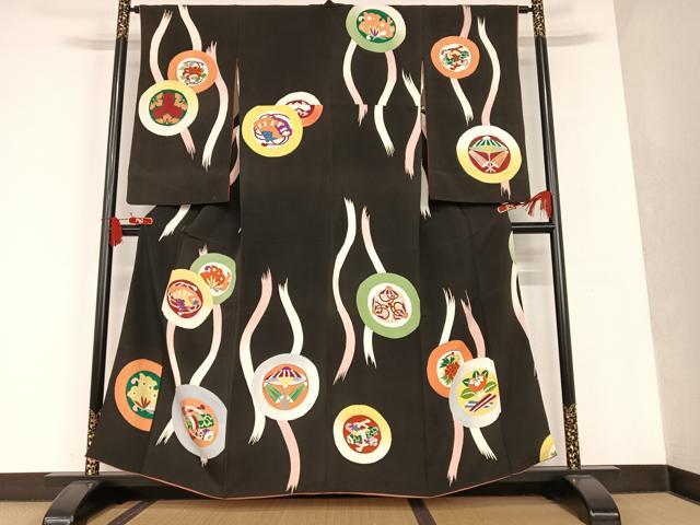 平和屋着物●アンティーク　大正ロマン　小振袖　二尺袖　花蝶丸文　黒地　正絹　逸品　AAAT0533zg