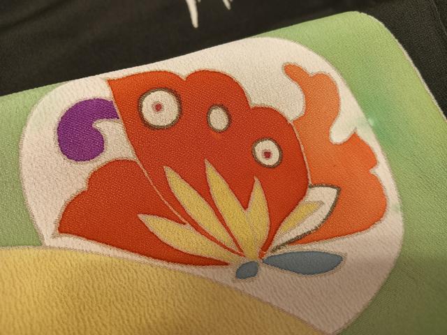 平和屋着物○アンティーク 大正ロマン 小振袖 二尺袖 花蝶丸文 黒地