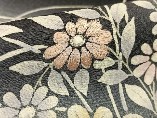 平和屋着物○訪問着 刺繍 草花文 暈し染め 黒地 正絹 逸品 AAAT0550zg