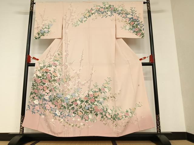 平和屋着物●訪問着　友禅　作家物　河美　草花文　暈し染め　正絹　逸品　AABC0057zg 平和屋着物○訪問着 友禅 作家物 河美 草花文 暈し染め