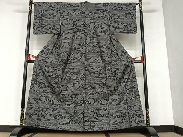 平和屋着物●本場大島紬　9マルキ　風景文　黒地　正絹　逸品　AAAT0602zg 平和屋着物○本場大島紬 9マルキ 風景文 黒地 正絹 逸品 AAAT0602zg