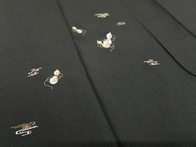 平和屋着物○訪問着 刺繍 瓢箪花文 黒地 正絹 逸品 AAAT0607zg