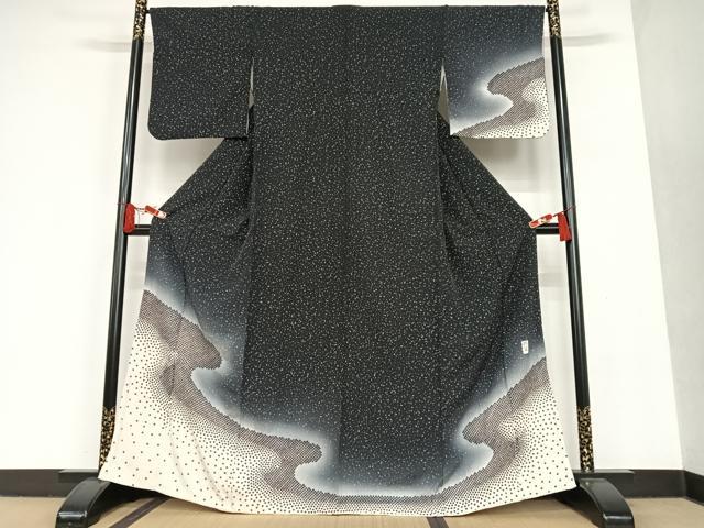 平和屋着物●訪問着　作家物　大小あられ　暈し染め　黒地　正絹　逸品　AAAT0627zg