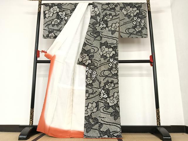 平和屋着物○上質な小紋 総絞り 草花文 黒地 正絹 逸品 AAAT0661zg