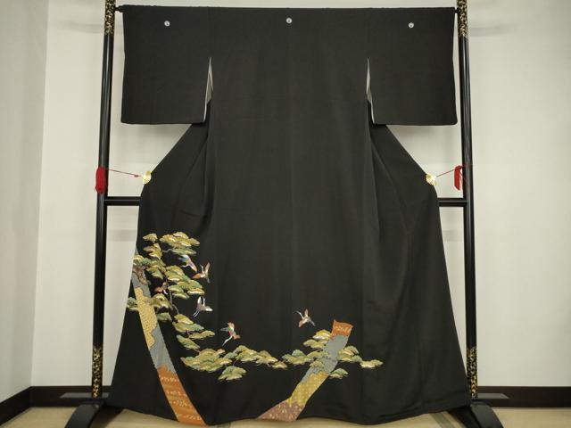 平和屋着物●創業460年・千總　黒留袖　刺繍　飛鶴松文　金彩　正絹　逸品　AAAT0845ck