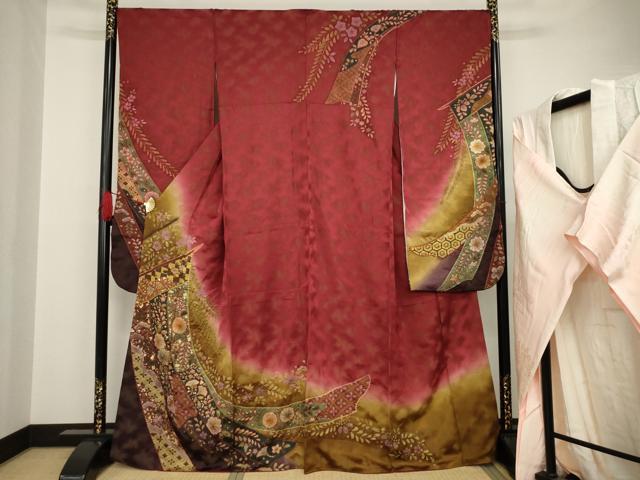 平和屋着物●豪華振袖・長襦袢(袷)セット　辻が花　絞り　几帳花文　暈し染め　金彩　金通し地　正絹　逸品　AAAT0872ck