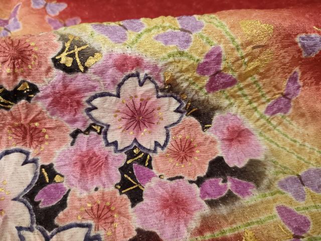 平和屋着物○豪華振袖 絞り 花蝶文 金彩 金通し地 京都きもの