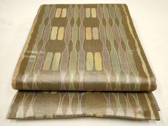 平和屋着物●両面両方向　全通柄袋帯　幾何学文様　銀通し地　正絹　逸品　AAAT1176wj