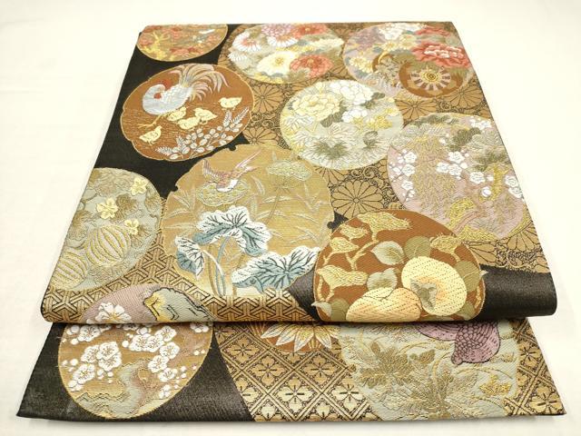 平和屋着物●六通柄袋帯　唐織　花鳥丸文　松竹梅　金糸　正絹　逸品　AAAT1181wj