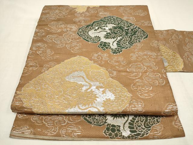 平和屋着物●アンティーク　大正ロマン　九寸名古屋帯　雲取り菱文　龍　銀糸　正絹　逸品　AAAT1260wj