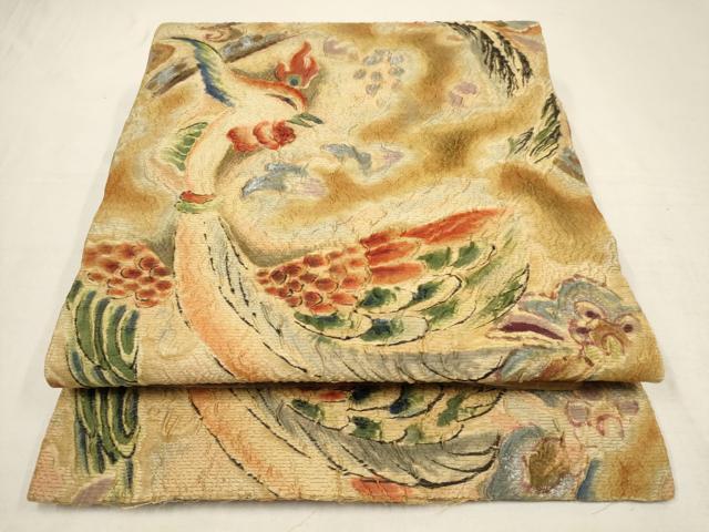 平和屋着物●アンティーク　大正ロマン　丸帯　ふくれ織　鳳凰　銀彩　正絹　逸品　AAAT1261wj