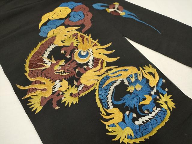 平和屋着物○アンティーク 大正ロマン 九寸名古屋帯 龍 黒地 金糸 正絹