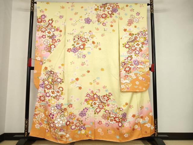 振袖フルセット豪華振袖　雪輪御所車花文　暈し染め　金彩　鈴乃屋扱い　正絹 振袖フルセット豪華振袖 雪輪御所車花文 暈し染め 金彩 鈴乃屋