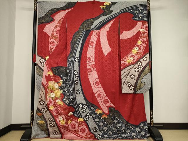 平和屋着物●豪華振袖　絞り　刺繍　扇面吉祥花文　金糸　金彩　ロング丈　正絹　逸品　AAAT2205ck