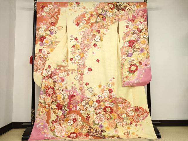平和屋着物●豪華振袖　貝桶花文　金糸　金彩　ロング丈　正絹　逸品　AAAT2230ck