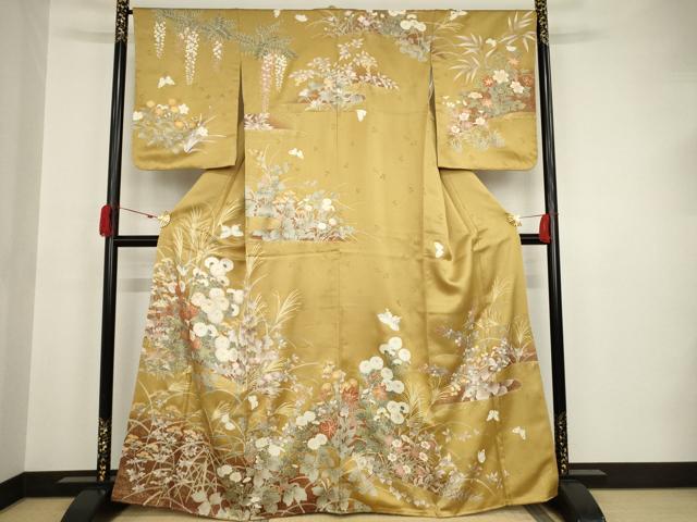 平和屋着物●訪問着　駒刺繍　花蝶文　金彩　正絹　逸品　未使用　AAAT2232ck