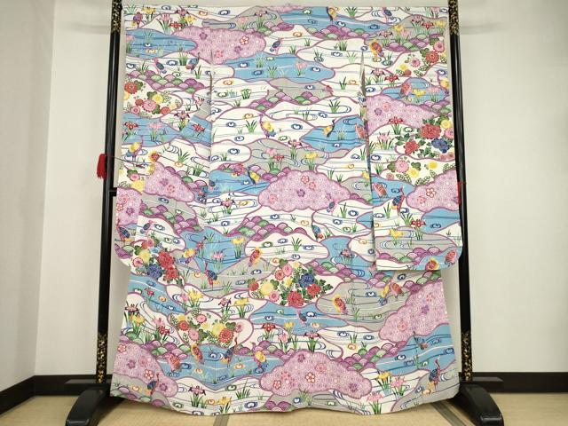 平和屋着物●豪華振袖　紅型　流水花鳥文　正絹　逸品　AAAT2241ck