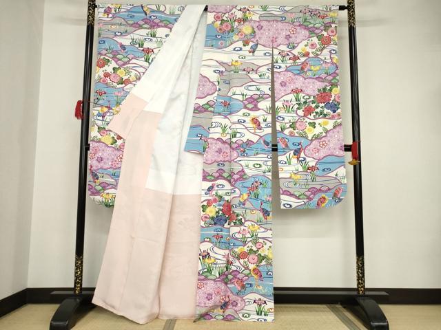 平和屋着物○豪華振袖 紅型 流水花鳥文 正絹 逸品 AAAT2241ck