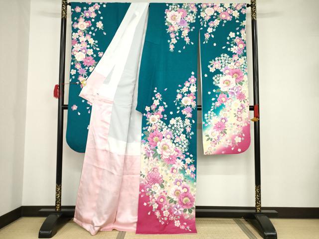 平和屋着物●豪華振袖　駒刺繍　枝垂れ桜　地紙吉祥花文　暈し染め　金彩　銀通し地　正絹　逸品　DAAV6668ps 平和屋着物○豪華振袖 駒刺繍 枝垂れ桜 地紙吉祥花文 暈し