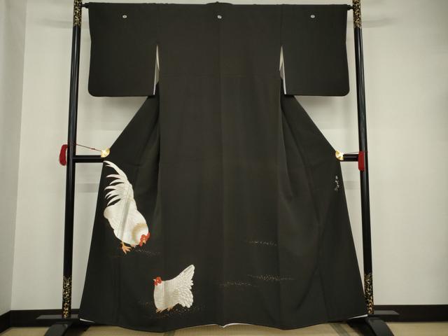 平和屋着物●京縫　月聖子　黒留袖　手刺繍　鶏　金銀糸　金彩　正絹　逸品　AAAT2251ck