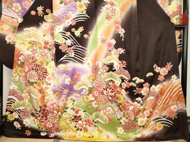 平和屋着物○豪華振袖 駒刺繍 扇面花文 暈し染め 金彩 正絹