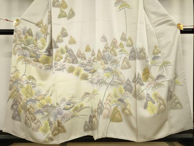 平和屋着物○訪問着 友禅 遠山樹林風景文 金糸 正絹 逸品 未使用