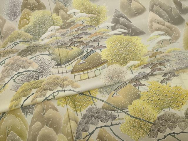 平和屋着物○訪問着 友禅 遠山樹林風景文 金糸 正絹 逸品 未使用