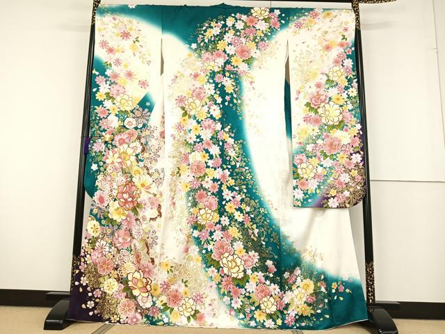 平和屋着物●豪華振袖　刺繍　草花文　暈し染め　金銀糸　金彩　正絹　逸品　AAAT3011np