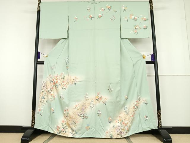 平和屋着物●訪問着　友禅　草花文　暈し染め　金彩　正絹　逸品　AAAT3026np