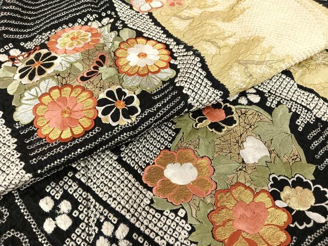 平和屋着物○振袖用長襦袢 無双仕立て 絞り 花蝶地紋 半衿刺繍