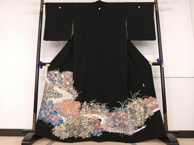 平和屋着物●本加賀友禅作家　押田正義　黒留袖　流水草花文　正絹　逸品　AAAT3035np