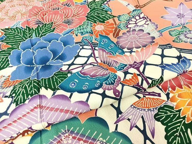 平和屋着物○紅型 小紋 流水花鳥文 鬼しぼ縮緬 正絹 逸品 AAAU0217np