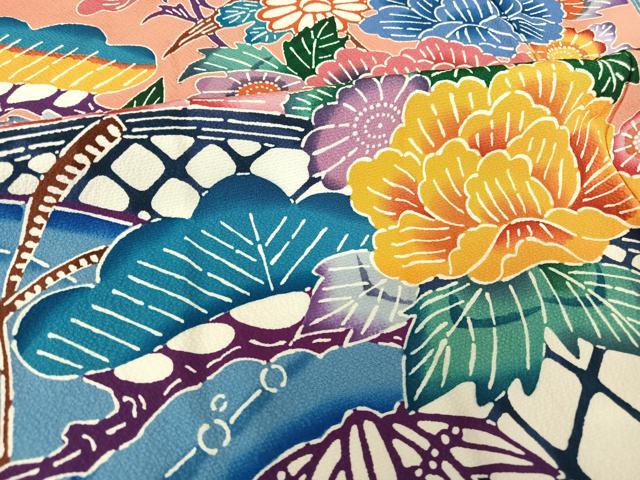 平和屋着物●紅型　振袖　流水花蝶文　鬼しぼ縮緬　正絹　逸品　AAAT3041np 平和屋着物○紅型 振袖 流水花蝶文 鬼しぼ縮緬 正絹 逸品 AAAT3041np