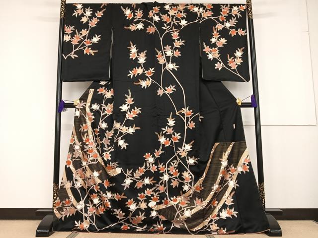 平和屋着物●十日町老舗ブランド　吉澤友禅　吾妻徳穂　訪問着　駒刺繍　橘簾文　黒地　金彩　正絹　逸品　AAAT3096np