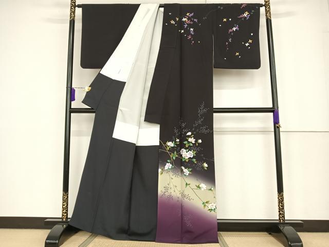 着物リメイク 訪問着 紬地 手描き 草花文 金銀彩 正絹から作務衣