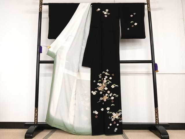 平和屋着物○訪問着 友禅 駒刺繍 松竹梅花筏 黒地 金彩 鬼しぼ