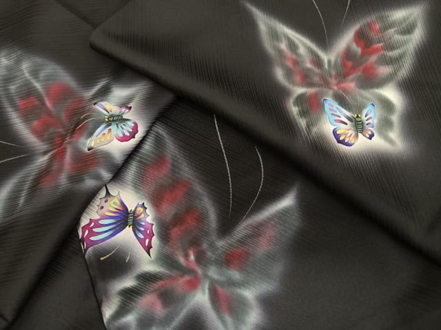 平和屋着物●上質な小紋　手描き　舞蝶文　暈し染め　黒地　金彩　正絹　逸品　AAAT3134np