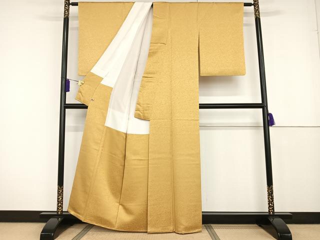 平和屋着物●久保田一竹　幻の辻が花　色無地　草花地紋　芥子色　金通し地　さが美扱い　正絹　逸品　AAAT3136np 平和屋着物○久保田一竹 幻の辻が花 色無地 草花地紋 芥子色 金通し地