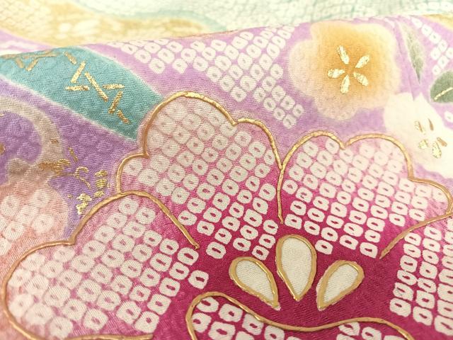 平和屋着物▽訪問着 単衣 草花文 金彩 正絹 逸品 AAAZ9397fy