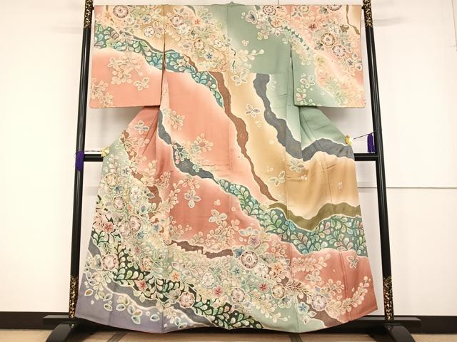 平和屋着物●越後十日町の一流染匠　桐屋・翠山工房　訪問着　絞り　辻が花　暈し染め　金彩　金通し地　正絹　逸品　AAAT3141np 平和屋着物○越後十日町の一流染匠 桐屋・翠山工房 訪問