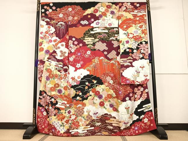 平和屋着物●極上　振袖　駒刺繍　雲取り草花文　金彩　正絹　逸品　AAAT3149np